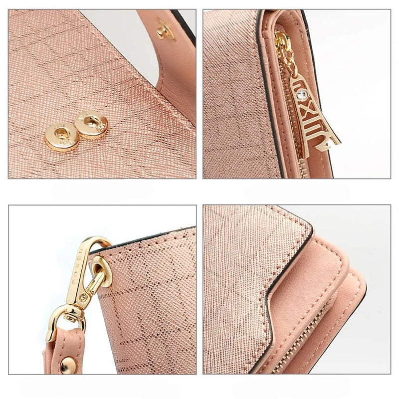 Detalhes da carteira feminina de couro de luxo rosa claro: close-ups do fecho magnético, zíper com charm "FOXER", engate da alça de pulso e compartimentos internos, exibindo os acabamentos.