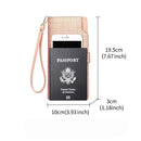 Carteira de couro rosa com alça, exibindo smartphone e passaporte nos bolsos