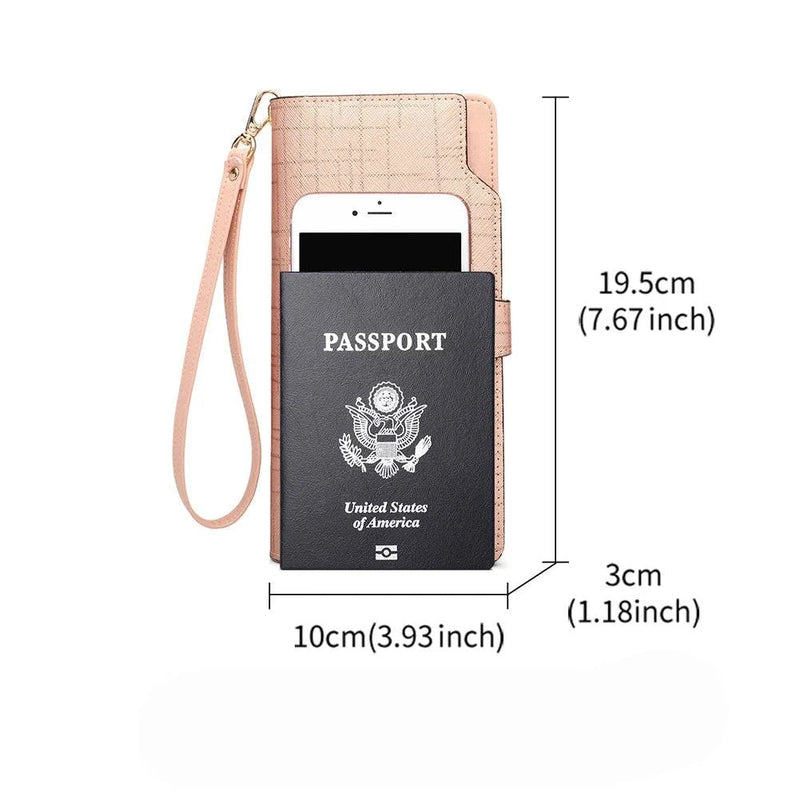Carteira feminina de couro de luxo rosa claro com textura quadriculada, exibindo dimensões de 10cm de largura, 19.5cm de altura e 3cm de profundidade, com comparativo de tamanho para smartphone e passaporte.