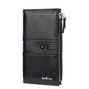 Carteira feminina preta com duplo zíper, fecho de botão e chaveiro metálico