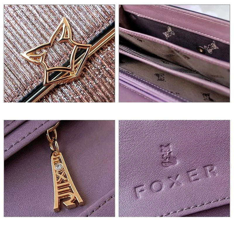 Detalhes da carteira feminina de couro luxuosa lilás: close-ups do fecho de estrela dourado, interior com forro estampado, charm de letra 'F' com cristal e logotipo "FOXER" em relevo no couro.