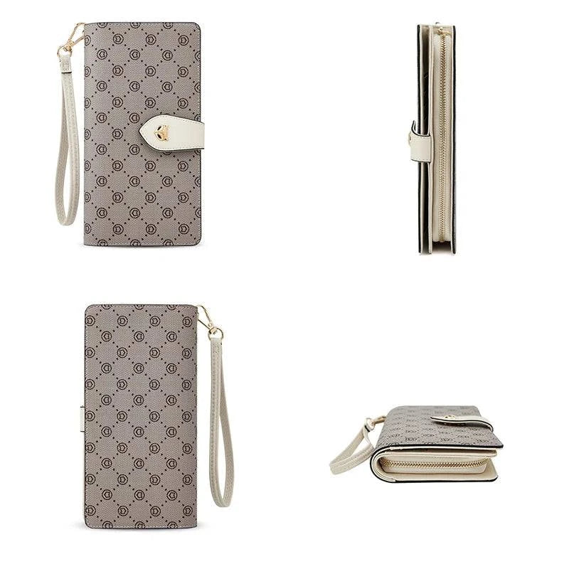 Carteira feminina de mão slim bege/cinza com estampa de círculos concêntricos, exibida em vistas frontal, lateral e inferior, destacando seu design compacto e elegante.