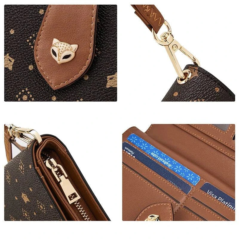 Detalhes da carteira feminina de mão slim marrom com estampa: close-ups do fecho de raposa, encaixe da alça de pulso, zíper lateral e slots internos para cartões, exibindo acabamentos.