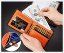 Carteira aberta laranja com notas de dólar, compartimentos para cartões e bolso com moedas, forro laranja detalhado.