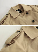 Detalhe do colarinho e ombro de trench coat caqui com botão preto e abertura de bolso