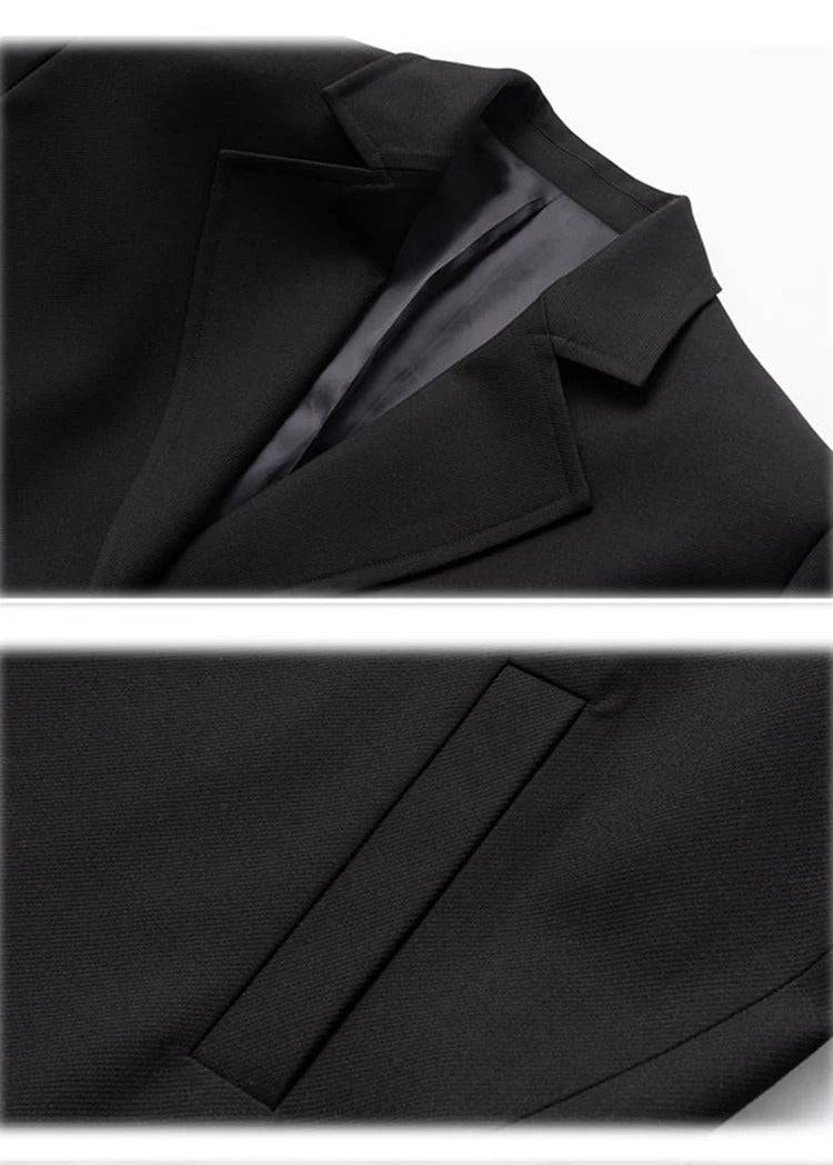 Detalhes do colarinho e bolso do sobretudo masculino preto premium, evidenciando o acabamento de alta qualidade e estilo europeu.