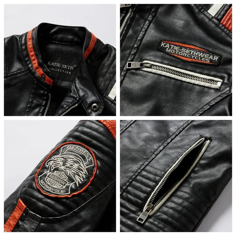 Quatro detalhes da jaqueta aviador militar masculina preta com listras laranja e brancas: close-up da gola com detalhes laranja e a marca "KATIE-SETH COLLECTION"; patch "KATIE-SETHWEAR MOTORCYCLES" e zíper; patch de leão "GENBEST MOTOR FASHION STYLE MOTORCYCLE"; e detalhe do zíper da manga e acolchoamento. Os detalhes intrincados e a qualidade dos bordados conferem um caráter autêntico e de alta exclusividade à peça.