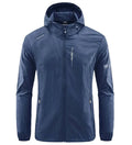 Jaqueta corta-vento esportiva masculina azul noite com capuz ajustável e detalhes brancos. Perfeita para atividades ao ar livre.