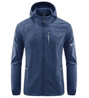 Jaqueta corta-vento azul-marinho masculina com capuz e fechamento frontal