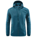Jaqueta corta-vento masculina azul-petróleo com capuz e zíper frontal