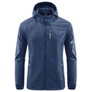 Jaqueta corta-vento masculina azul-marinho com capuz e zíper frontal