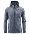 Jaqueta corta-vento cinza masculina com capuz e zíper frontal