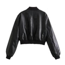 Jaqueta bomber cropped de couro preta com gola e punhos canelados