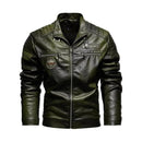 Jaqueta de couro verde-militar com estilo motociclista, ombros acolchoados e bolsos com zíper