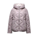 Jaqueta puffer feminina rosa lavanda com acolchoamento geométrico e capuz