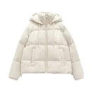 Jaqueta puffer feminina branca acolchoada com capuz e zíper frontal