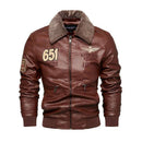 Jaqueta de couro marrom estilo rider com gola de lã e patches bordados