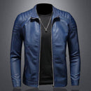 Jaqueta masculina de couro azul marinho com gola, zíper frontal e ombros acolchoados