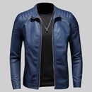 Jaqueta de couro azul masculina com zíper frontal e painéis acolchoados nos ombros