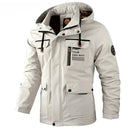 Jaqueta parka masculina branca impermeável com capuz, múltiplos bolsos e estampa "FIND YOUR OWN WAY