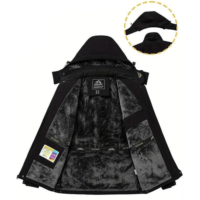 Jaqueta masculina térmica impermeável preta aberta, revelando o forro interno peluciado cinza e bolsos internos. Imagens no canto superior direito mostram o capuz removível e como ele se guarda na gola. Máximo conforto e versatilidade para as condições mais desafiadoras.