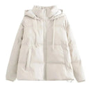 Jaqueta puffer bege feminina com capuz e zíper frontal