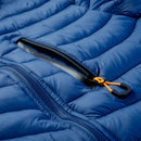 Zíper com puxador laranja em jaqueta puffer azul acolchoada