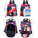 Mochila feminina com padrão geométrico colorido, detalhes antifurto, várias vistas mostrando dimensões e compartimentos
