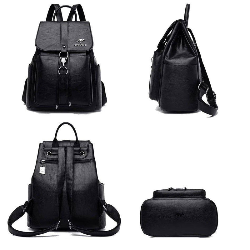  Mochila e bolsa feminina de couro 2 em 1 preta, exibida em vistas frontal, lateral, traseira e inferior, destacando sua versatilidade, alças ajustáveis e design.