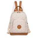 Mochila feminina branca com estampa MK, alças marrom e bolso frontal