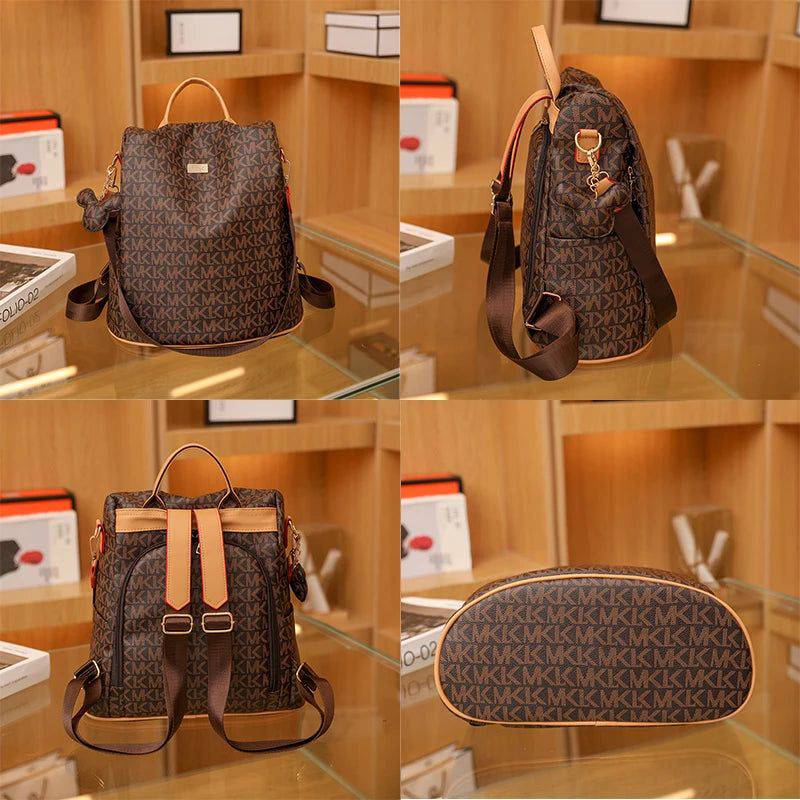 Mochila de couro feminina Travel marrom com estampa de monograma "MK", exibida em vistas frontal, lateral, traseira e inferior, destacando seu design espaçoso e alças ajustáveis.
