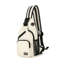 Mochila transversal pequena de nylon off-white com zíperes pretos e alças listradas