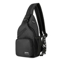 Mochila transversal de nylon preta com bolso frontal, zíperes e alças ajustáveis