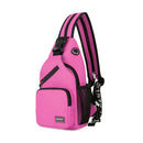 Mochila transversal rosa de nylon com alças pretas e bolsos
