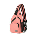 Mochila transversal pequena de nylon rosa coral com detalhes pretos e alças listradas