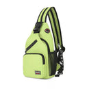 Mochila transversal nylon verde-limão com bolsos e alça listrada preta