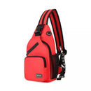 Mochila transversal nylon vermelha com detalhes pretos e alças listradas