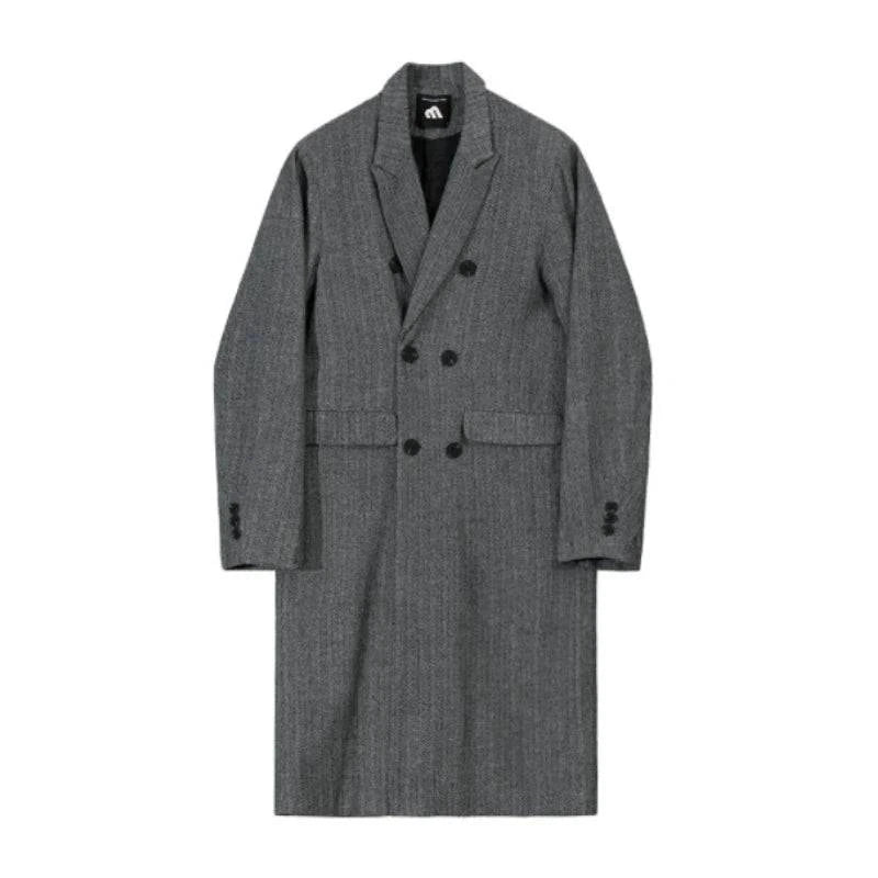 Sobretudo Masculino Longo Cinza Imperium em fundo branco. Casaco longo com corte reto e botões frontais, ideal para dias frios.