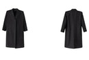 Sobretudo masculino longo preto, vistas frontal e traseira, design minimalista