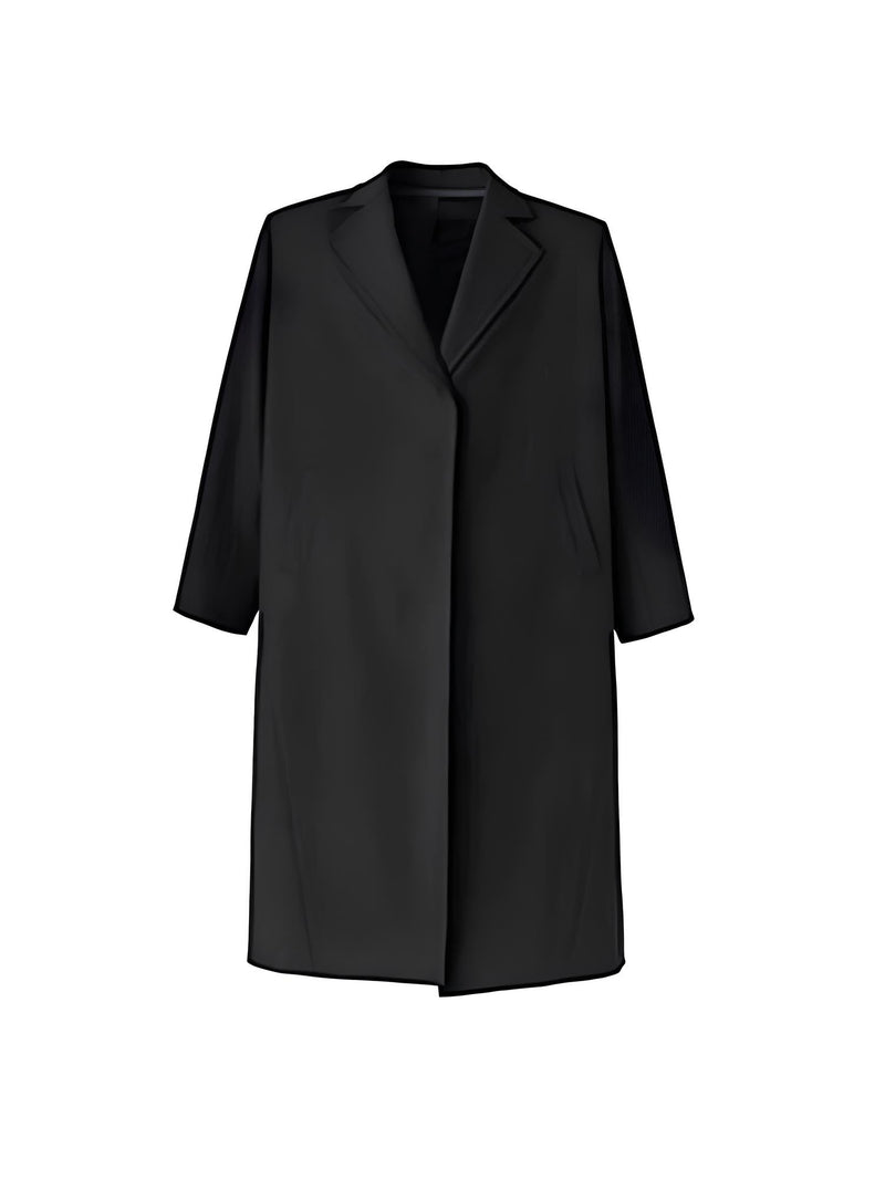 Imagem do sobretudo masculino longo preto com corte clássico e lapela tradicional, ideal para moda outono/inverno.