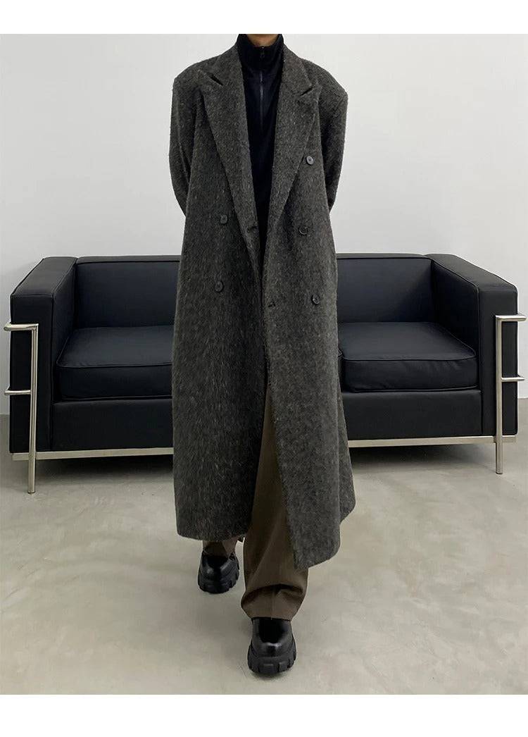 Casaco longo masculino cinza estilo europeu, elegante e sofisticado, perfeito para outono/inverno com frete grátis na Zellum.