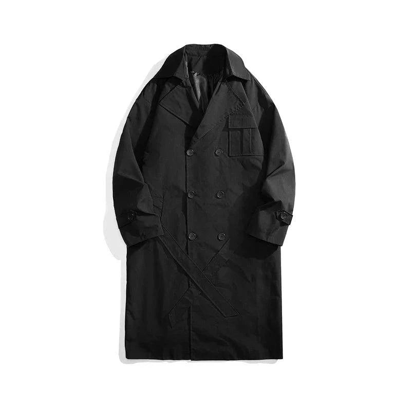 Sobretudo preto masculino estilo inglês com abotoamento duplo e bolso frontal, versátil para uso diário e casual.
